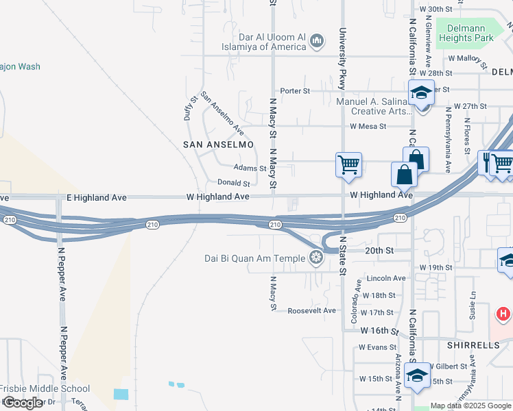 map of restaurants, bars, coffee shops, grocery stores, and more near 2241 West Highland Avenue in San Bernardino
