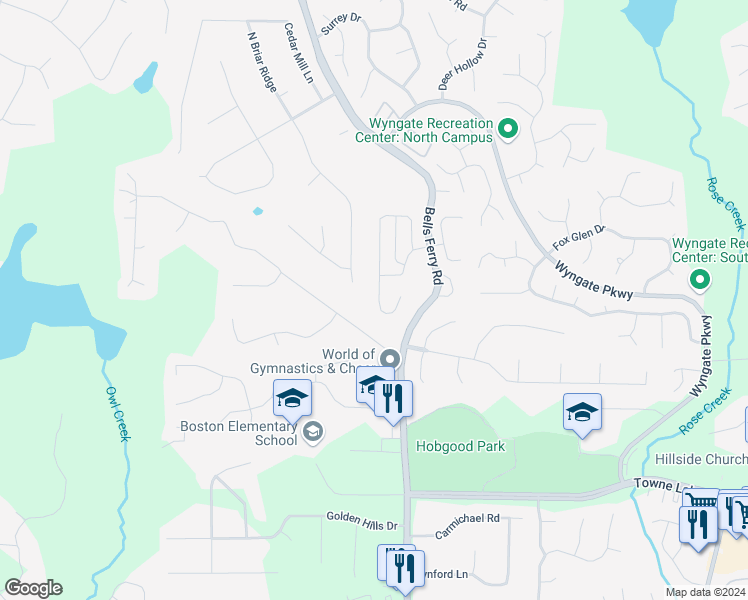 map of restaurants, bars, coffee shops, grocery stores, and more near 280 Ascott Lane in Woodstock