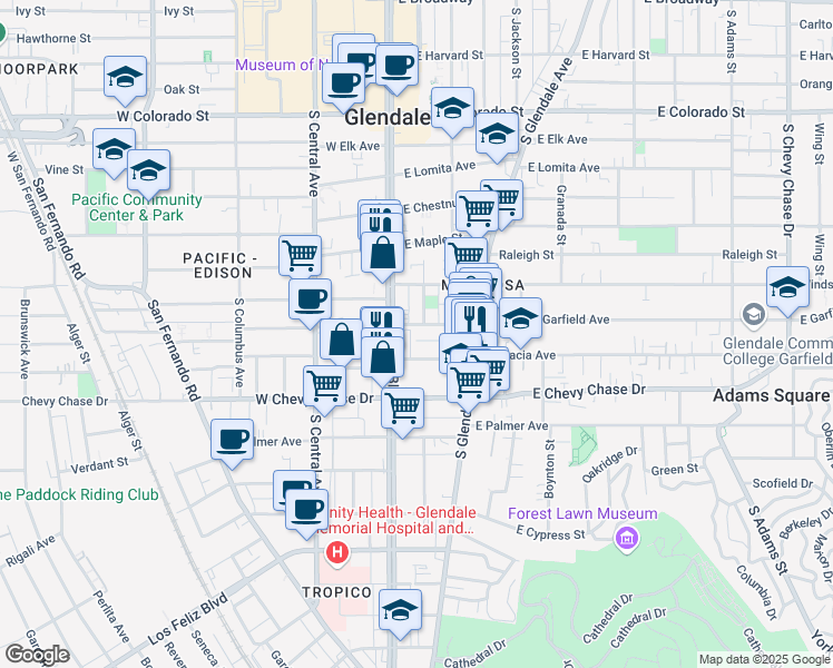 map of restaurants, bars, coffee shops, grocery stores, and more near 116 East Garfield Avenue in Glendale