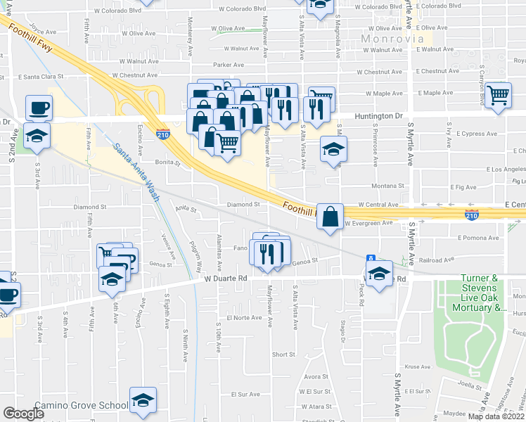 map of restaurants, bars, coffee shops, grocery stores, and more near 1511 Mayflower Avenue in Monrovia