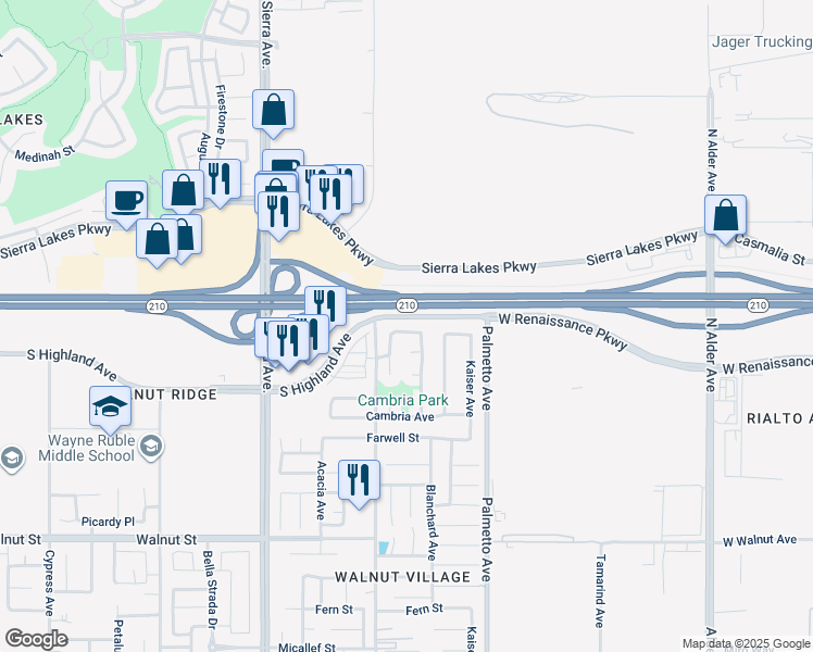 map of restaurants, bars, coffee shops, grocery stores, and more near 17142 Coronado Avenue in Fontana