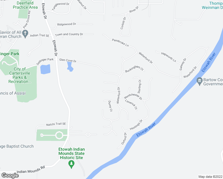 map of restaurants, bars, coffee shops, grocery stores, and more near 5 Tramore Court in Cartersville