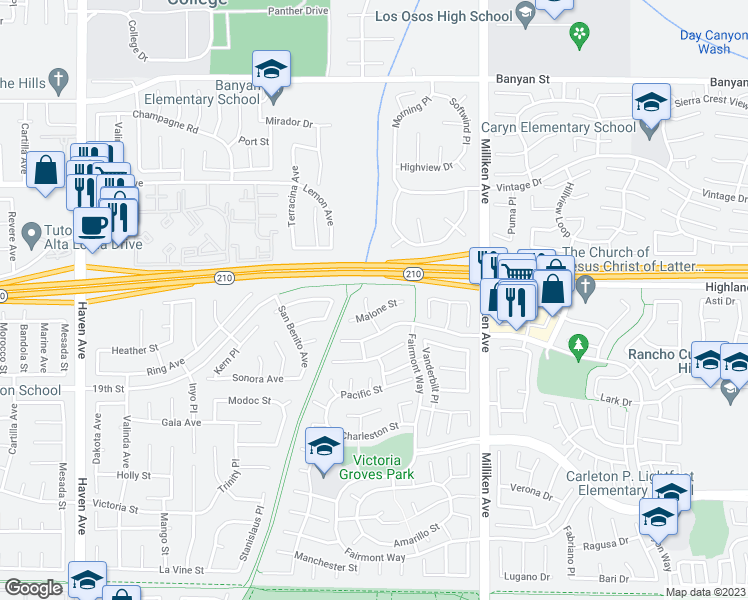 map of restaurants, bars, coffee shops, grocery stores, and more near 6529 Palomar Court in Rancho Cucamonga