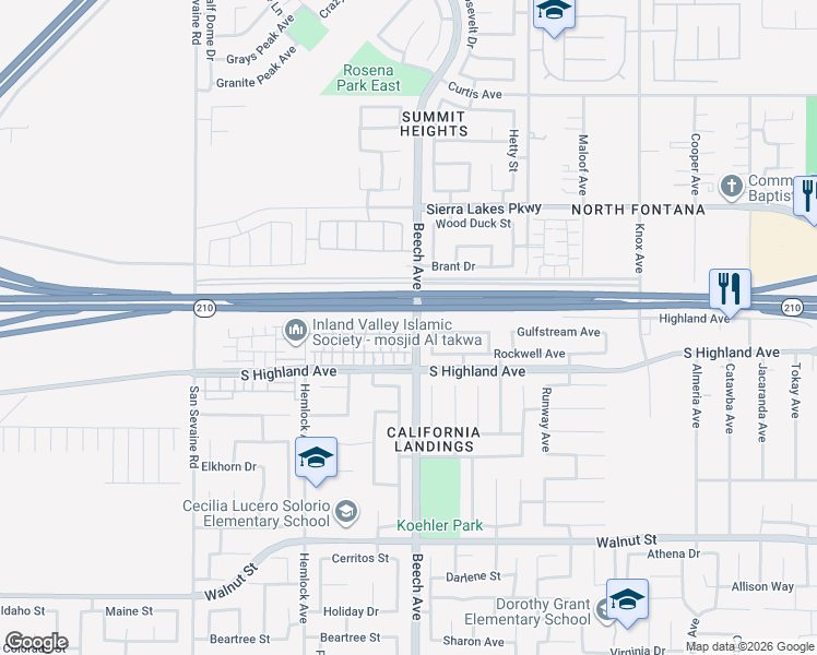 map of restaurants, bars, coffee shops, grocery stores, and more near 15280 Horizon Street in Fontana