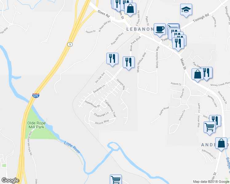 map of restaurants, bars, coffee shops, grocery stores, and more near 247 Hiawassee Drive in Woodstock