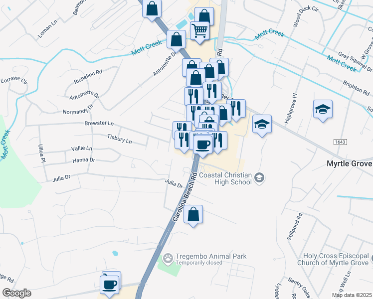 map of restaurants, bars, coffee shops, grocery stores, and more near 5620 Carolina Beach Road in Wilmington