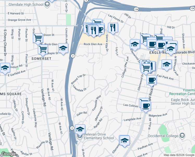 map of restaurants, bars, coffee shops, grocery stores, and more near 4837 Round Top Drive in Los Angeles