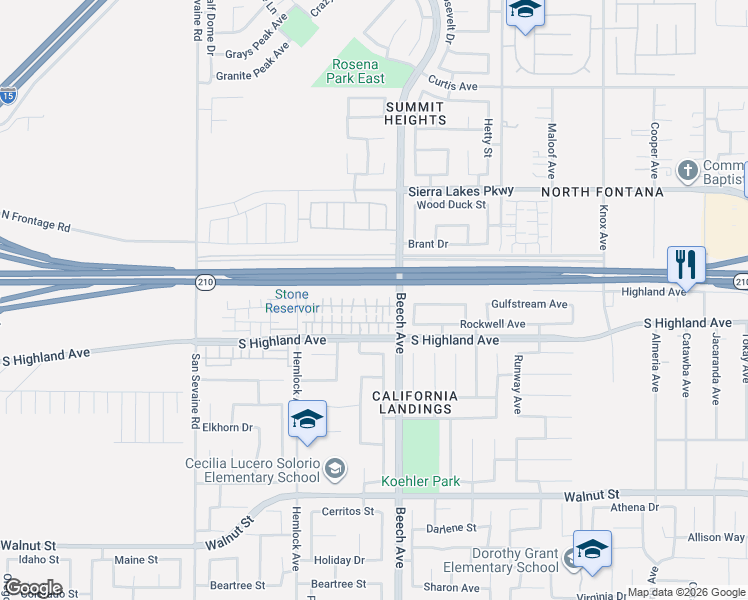 map of restaurants, bars, coffee shops, grocery stores, and more near Foothill Freeway in Fontana