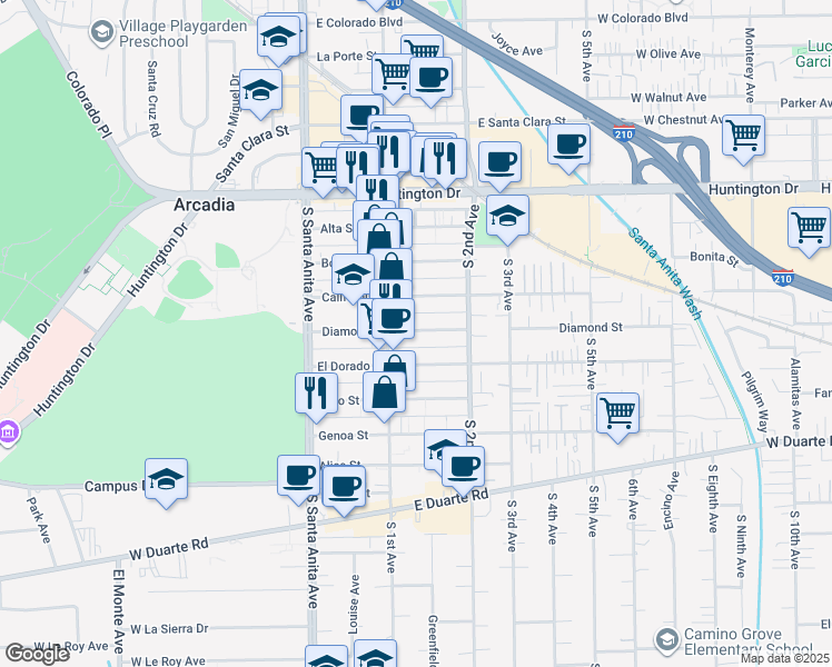 map of restaurants, bars, coffee shops, grocery stores, and more near 116 Diamond Street in Arcadia