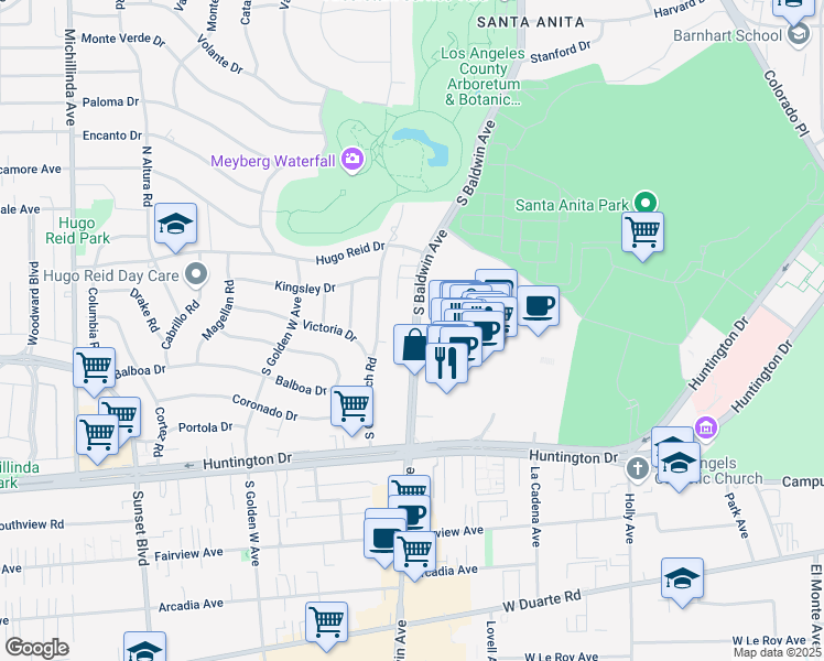 map of restaurants, bars, coffee shops, grocery stores, and more near 421 South Baldwin Avenue in Arcadia