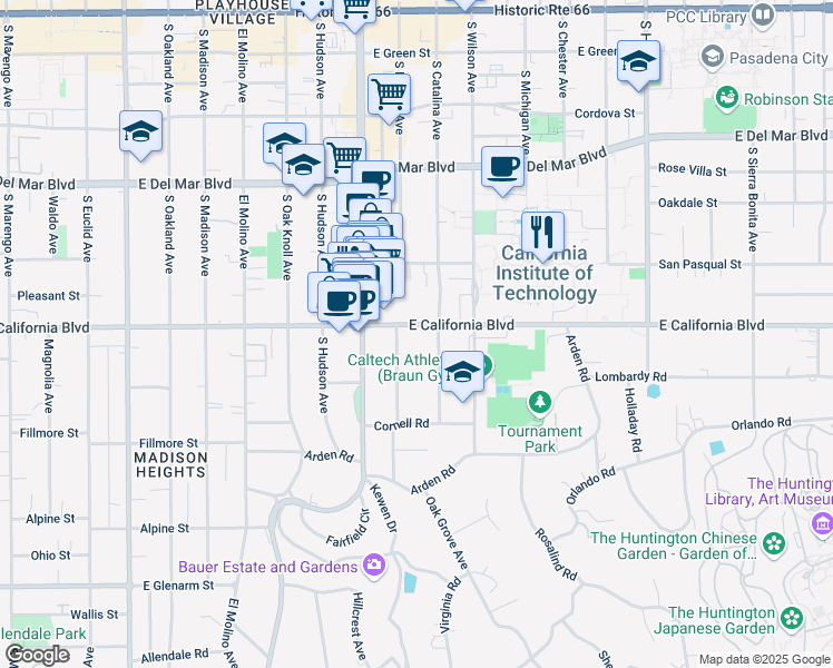 map of restaurants, bars, coffee shops, grocery stores, and more near 1000 East California Boulevard in Pasadena