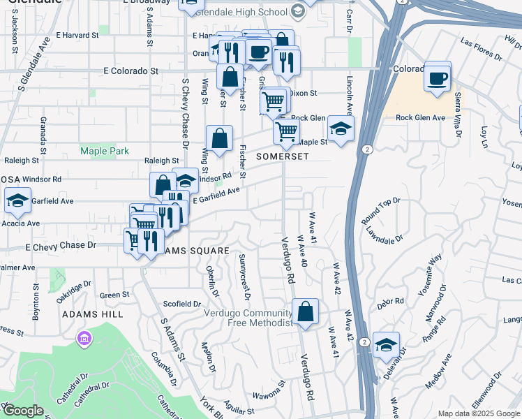 map of restaurants, bars, coffee shops, grocery stores, and more near 1364 East Acacia Avenue in Glendale