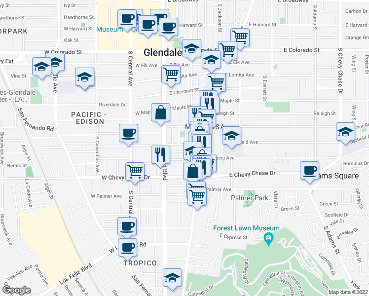 map of restaurants, bars, coffee shops, grocery stores, and more near 300 East Garfield Avenue in Glendale
