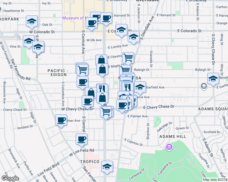 map of restaurants, bars, coffee shops, grocery stores, and more near 116 East Garfield Avenue in Glendale