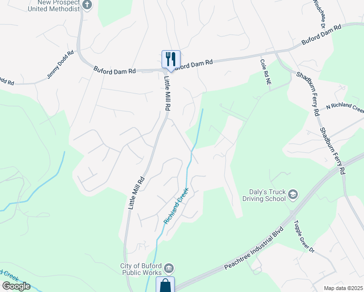 map of restaurants, bars, coffee shops, grocery stores, and more near 2125 Mina Lane Drive Northeast in Buford