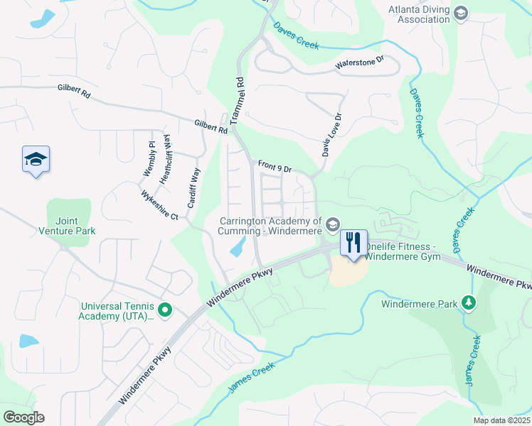 map of restaurants, bars, coffee shops, grocery stores, and more near 6350 Manningtree Court in Cumming