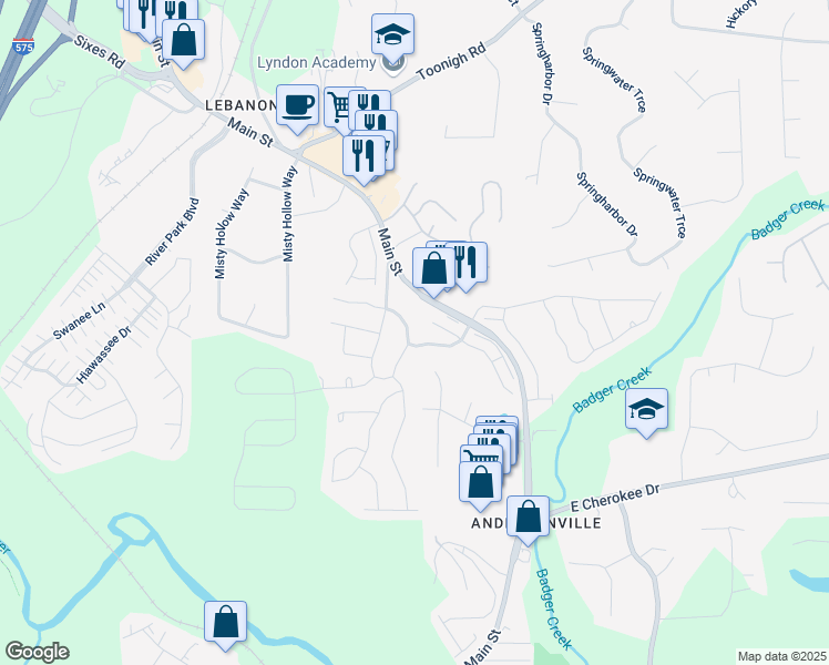 map of restaurants, bars, coffee shops, grocery stores, and more near 121 Camdyn Circle in Woodstock
