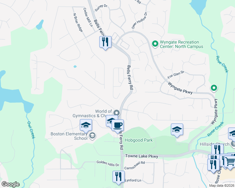 map of restaurants, bars, coffee shops, grocery stores, and more near 271 Ascott Lane in Woodstock