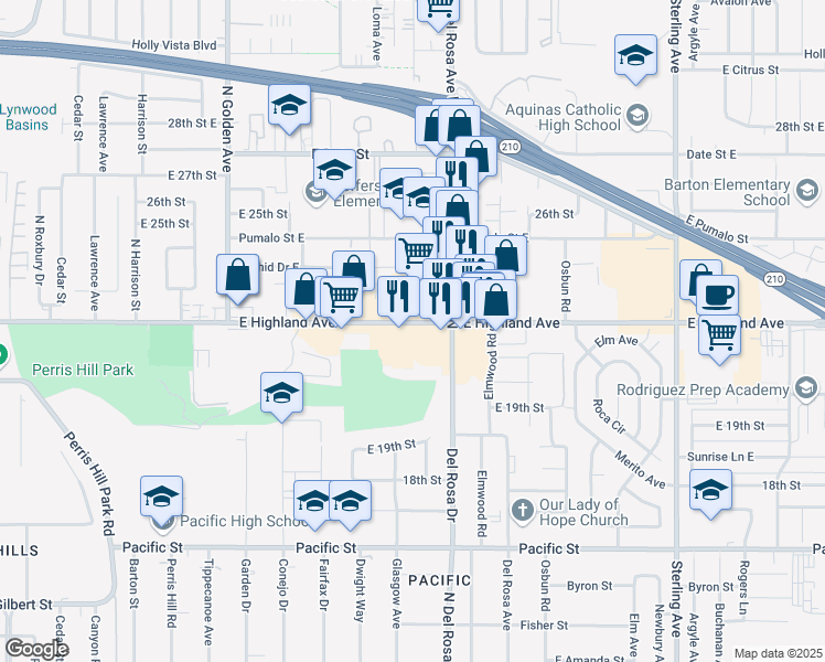 map of restaurants, bars, coffee shops, grocery stores, and more near 1565 East Highland Avenue in San Bernardino