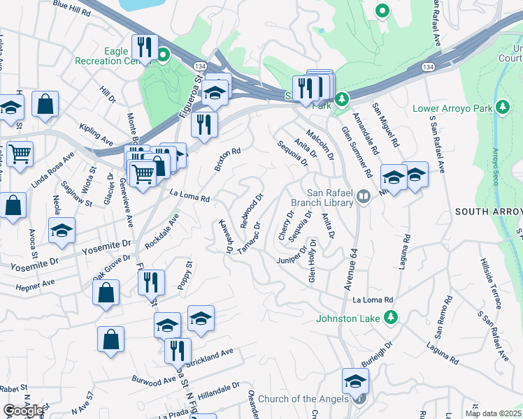 map of restaurants, bars, coffee shops, grocery stores, and more near 361 Tamarac Drive in Pasadena