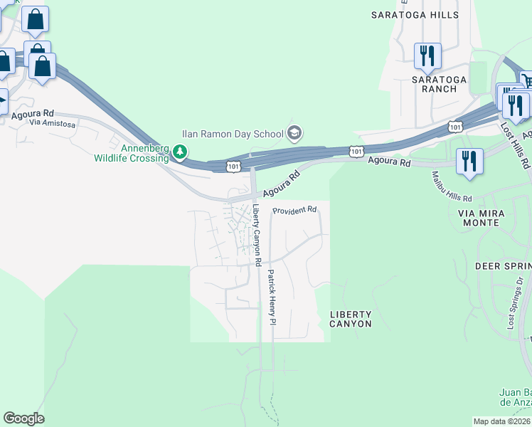 map of restaurants, bars, coffee shops, grocery stores, and more near 4123 Patrick Henry Place in Agoura Hills