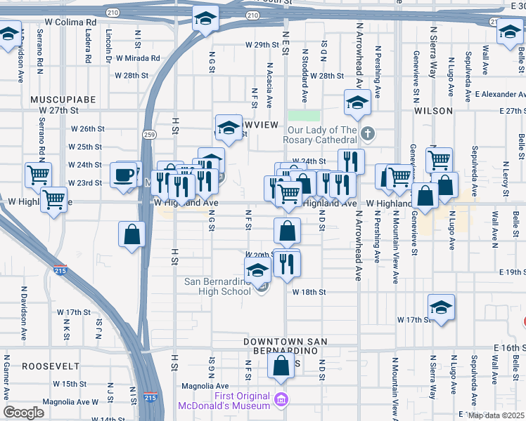 map of restaurants, bars, coffee shops, grocery stores, and more near 559 West Highland Avenue in San Bernardino