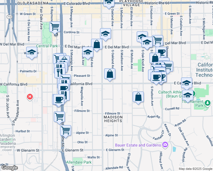 map of restaurants, bars, coffee shops, grocery stores, and more near 484 East California Boulevard in Pasadena