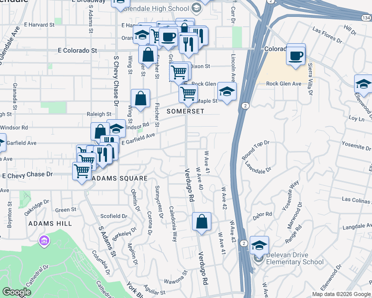 map of restaurants, bars, coffee shops, grocery stores, and more near South Verdugo Road & Plumas Street in Glendale