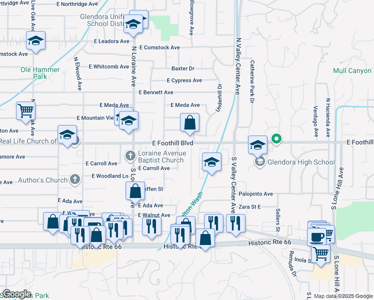 map of restaurants, bars, coffee shops, grocery stores, and more near 115 South San Jose Drive in Glendora