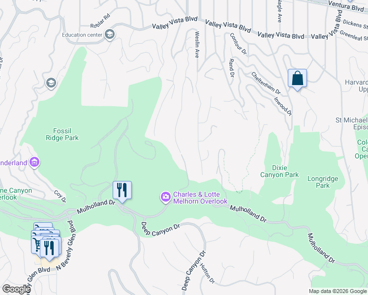 map of restaurants, bars, coffee shops, grocery stores, and more near 3604 Glenridge Drive in Los Angeles