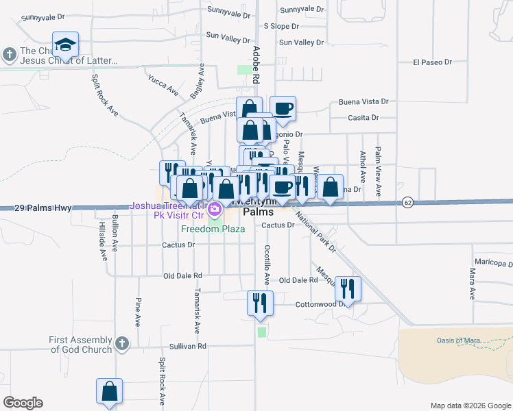 map of restaurants, bars, coffee shops, grocery stores, and more near in Twentynine Palms