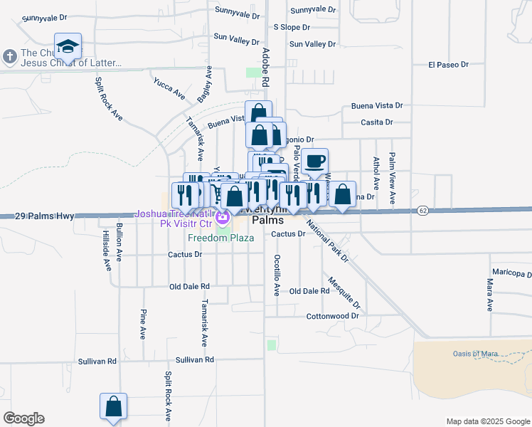 map of restaurants, bars, coffee shops, grocery stores, and more near El Paseo Drive in Twentynine Palms
