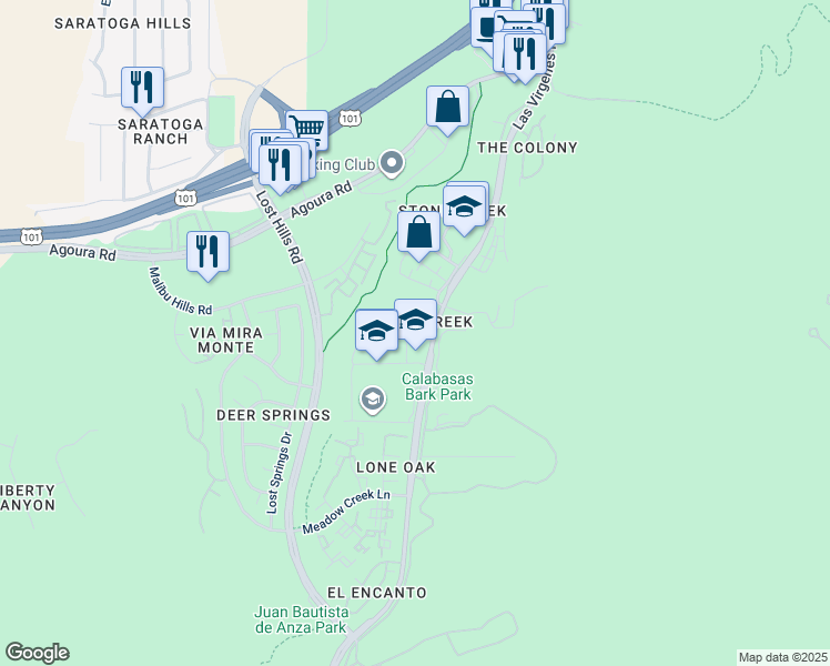 map of restaurants, bars, coffee shops, grocery stores, and more near 26620 Country Creek Lane in Calabasas