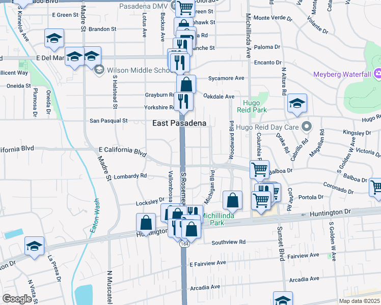 map of restaurants, bars, coffee shops, grocery stores, and more near 636 South Rosemead Boulevard in Pasadena