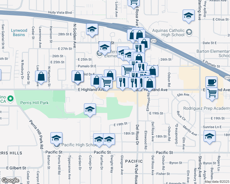 map of restaurants, bars, coffee shops, grocery stores, and more near 1445 East Highland Avenue in San Bernardino