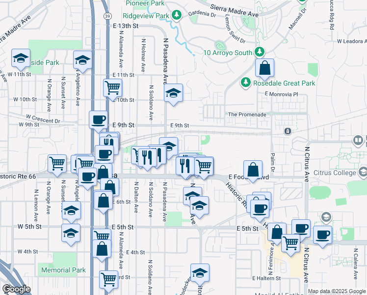 map of restaurants, bars, coffee shops, grocery stores, and more near 601 East 8th Street in Azusa