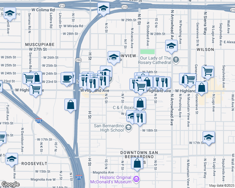 map of restaurants, bars, coffee shops, grocery stores, and more near 627 West Highland Avenue in San Bernardino