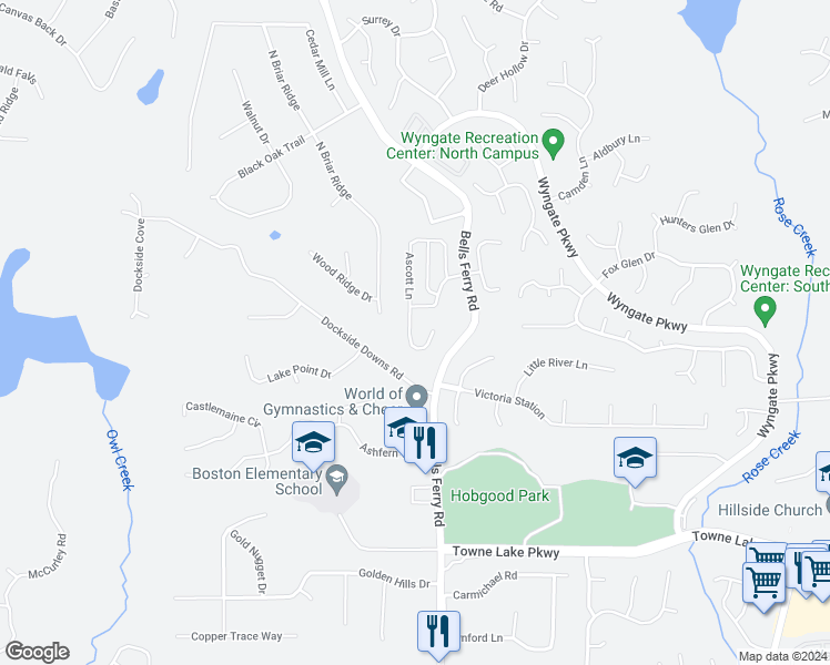 map of restaurants, bars, coffee shops, grocery stores, and more near 261 Ascott Lane in Woodstock