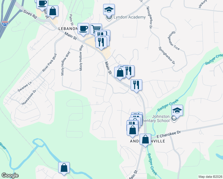 map of restaurants, bars, coffee shops, grocery stores, and more near 116 Camdyn Circle in Woodstock