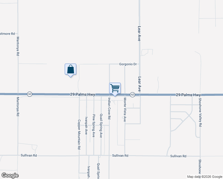 map of restaurants, bars, coffee shops, grocery stores, and more near Indian Cove Road in Twentynine Palms