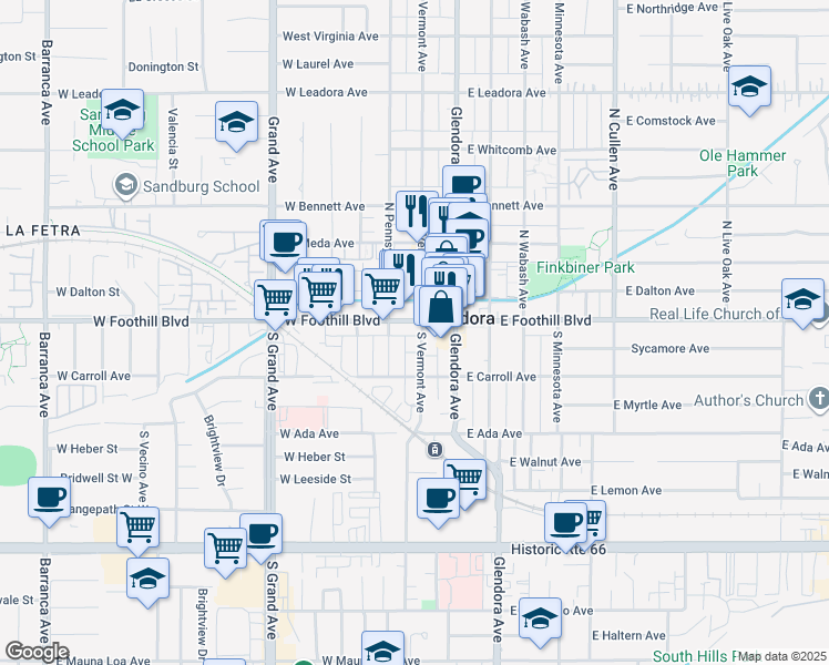 map of restaurants, bars, coffee shops, grocery stores, and more near 200 West Foothill Boulevard in Glendora