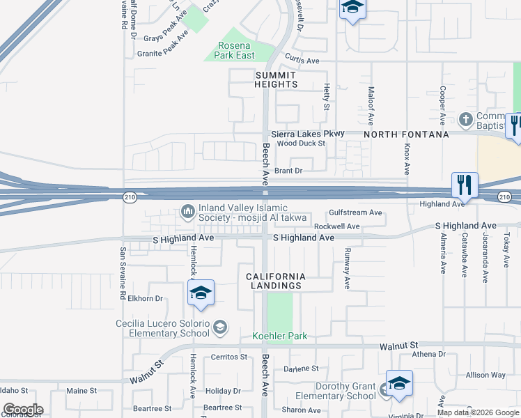map of restaurants, bars, coffee shops, grocery stores, and more near 15280 Horizon Street in Fontana