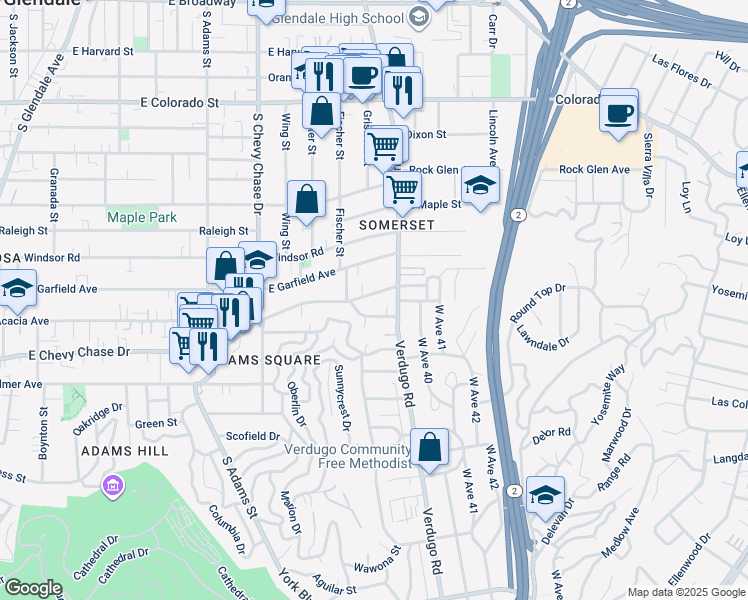 map of restaurants, bars, coffee shops, grocery stores, and more near 1364 East Acacia Avenue in Glendale