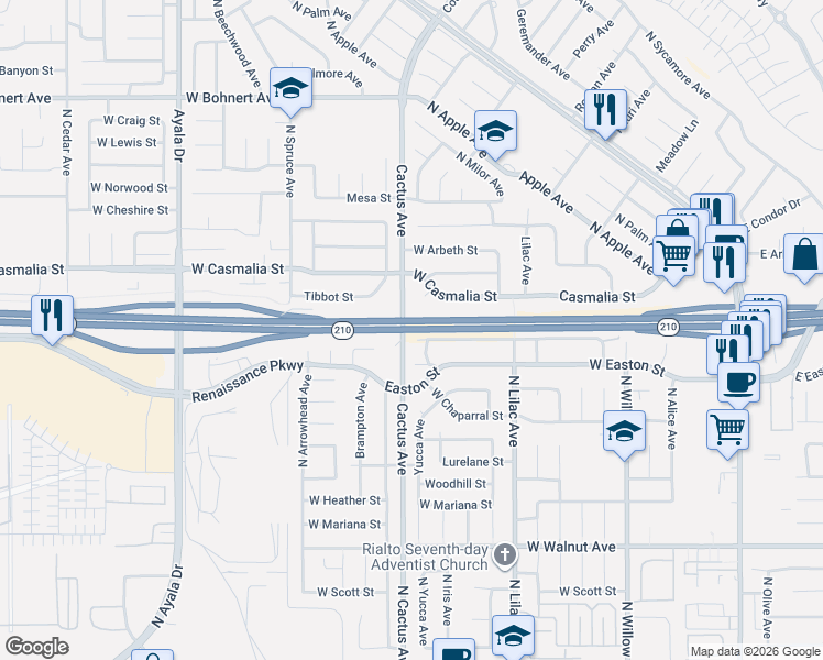 map of restaurants, bars, coffee shops, grocery stores, and more near 899 Congressman George E. Brown, Jr. Memorial Highway in Rialto