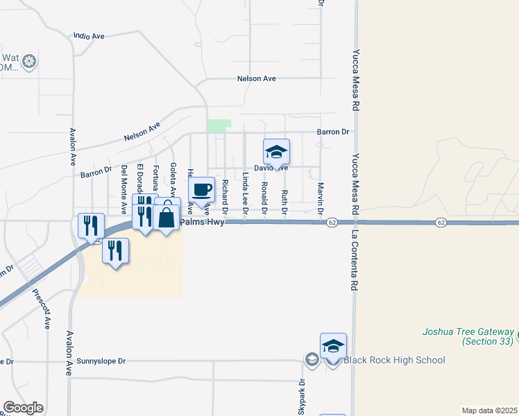 map of restaurants, bars, coffee shops, grocery stores, and more near 59006 Twentynine Palms Highway in Yucca Valley
