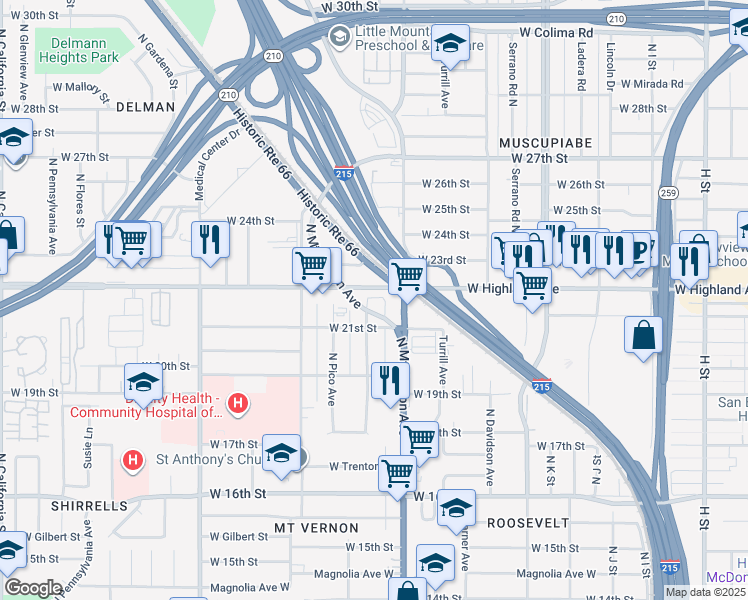 map of restaurants, bars, coffee shops, grocery stores, and more near 2195 Herrington Avenue North in San Bernardino
