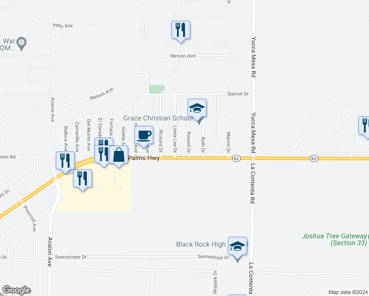 map of restaurants, bars, coffee shops, grocery stores, and more near 6470 Ronald Drive in Yucca Valley