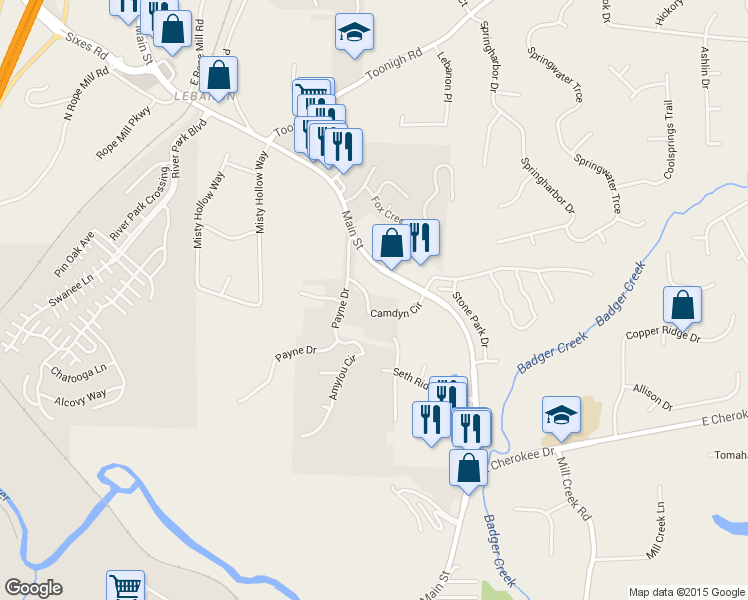 map of restaurants, bars, coffee shops, grocery stores, and more near 121 Camdyn Circle in Woodstock