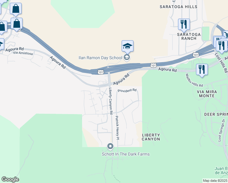 map of restaurants, bars, coffee shops, grocery stores, and more near 4123 Patrick Henry Place in Agoura Hills