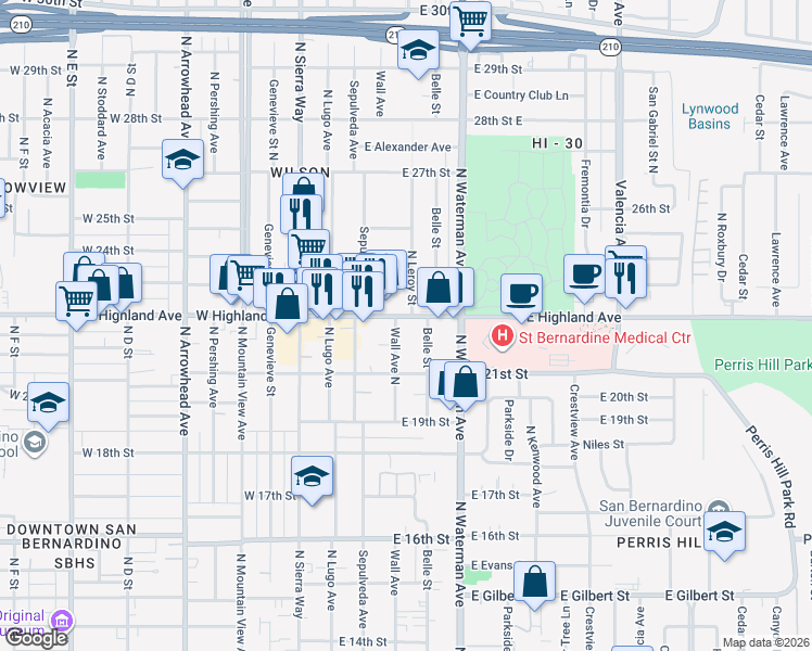 map of restaurants, bars, coffee shops, grocery stores, and more near 263 East Highland Avenue in San Bernardino